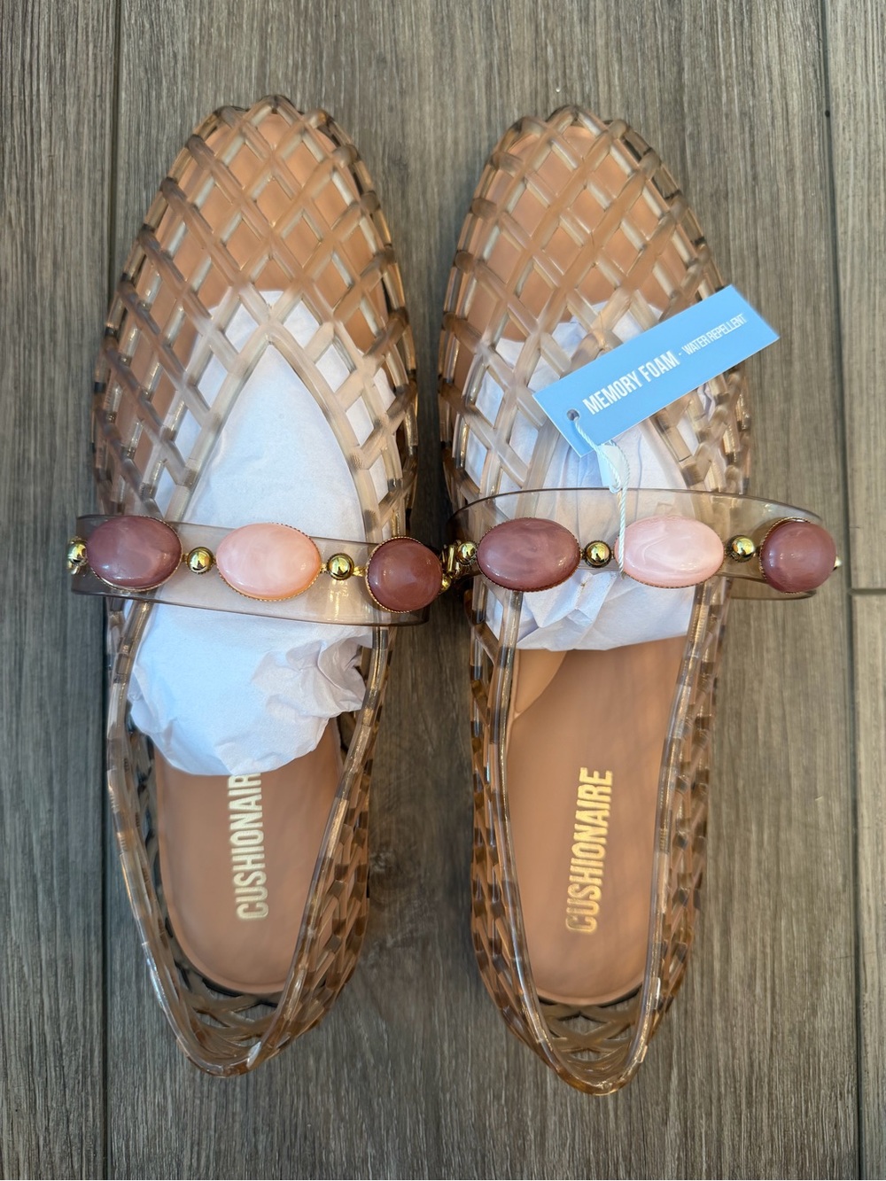 Cushionaire Tan Jelly Flats with Pink Stone Strap